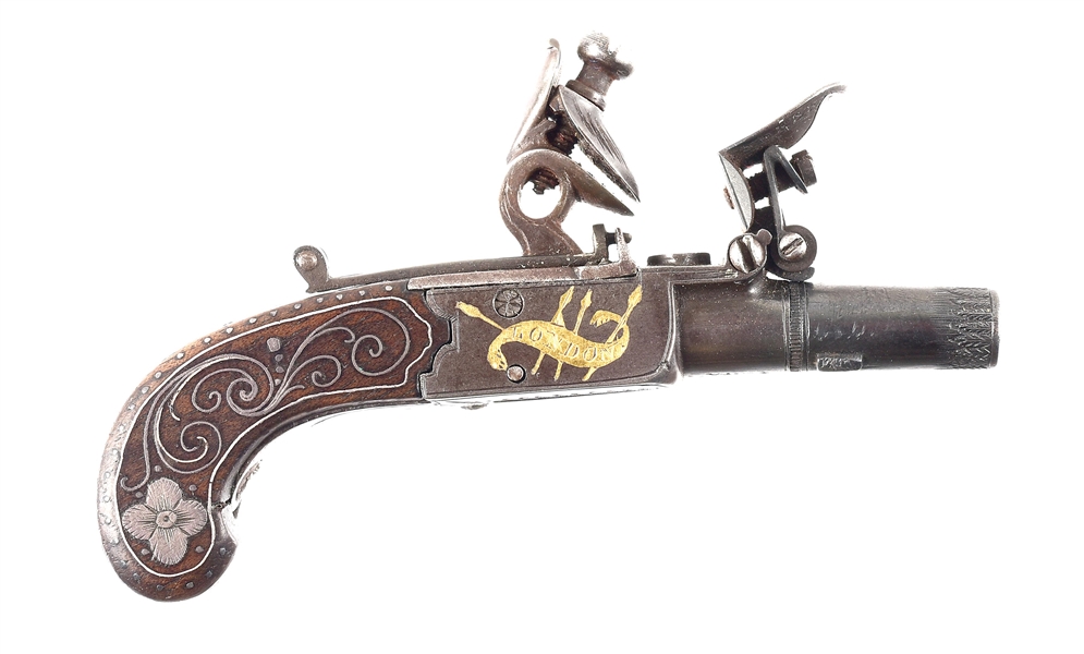 (A) MINIATURE ENGLISH BOXLOCK FLINTLOCK PISTOL WITH SILVER AND GOLD INLAYS.
