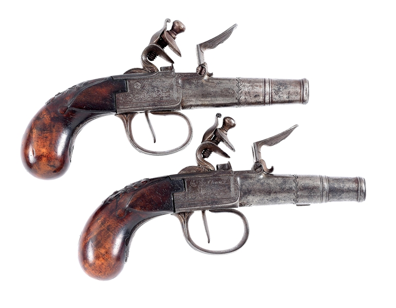 (A) PAIR OF DIMINUTIVE FRENCH BOXLOCK BAG GRIP FLINTLOCK PISTOLS BY BELHOME.