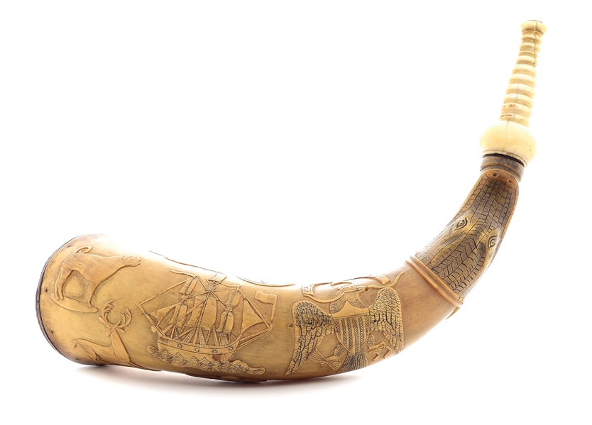 RELIEF CARVED PATRIOTIC SCREW-TIP POWDER HORN WITH EAGLE AND IVORY SCREW TIP, DATED 1837.
