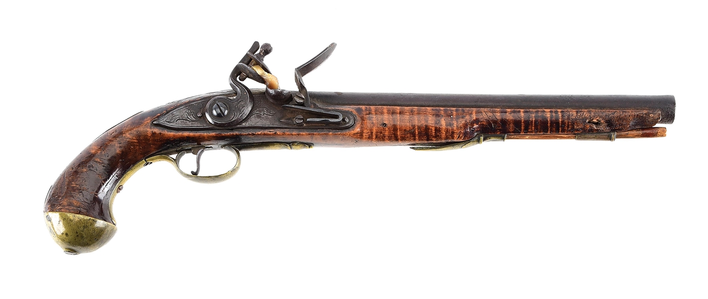 (A) LARGE TIGER MAPLE STOCKED FLINTLOCK PISTOL WITH CARVED TANG.