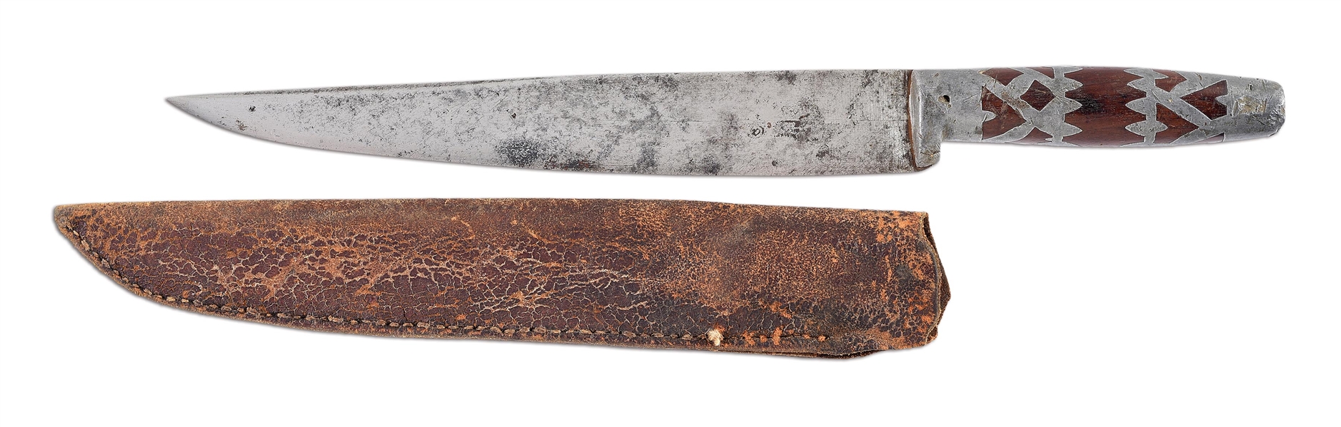 FRONTIER KNIFE WITH PEWTER INLAID HANDLE AND SCABBARD.
