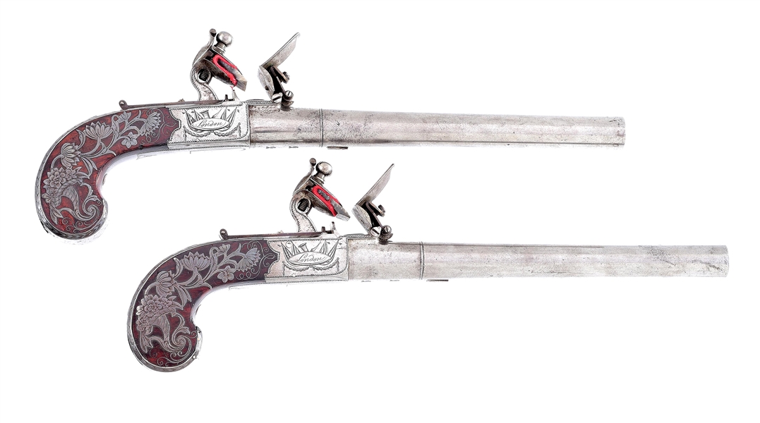 (A) FINE PAIR OF LARGE BRITISH FLINTLOCK PISTOLS BY MEWIS AND CO. WITH HOLSTERS.