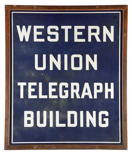 WESTERN UNION TELEGRAPH BUILDING PORCELAIN SIGN W/ ORIGINAL COPPER FRAMING. 