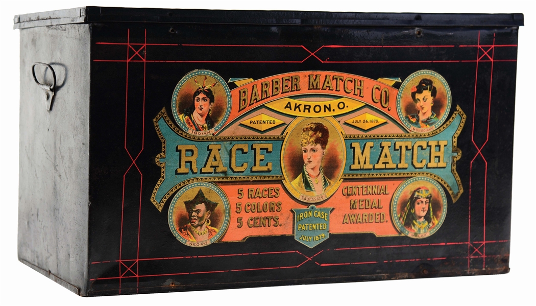 ORIGINAL TIN DISPLAY PIECE ADVERTISING THE BARBER MATCH CO. OUT OF AKRON, OHIO.