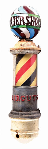 BARBER POLE WITH LEADED GLASS GLOBE.