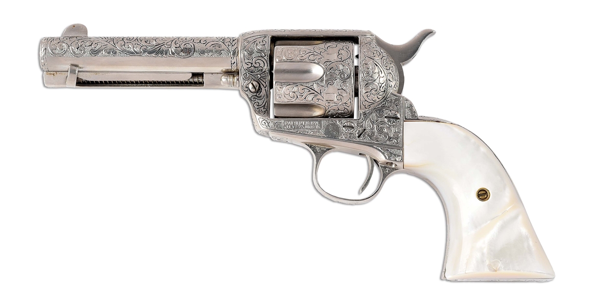 (C) CUSTOM ENGRAVED COLT SINGLE ACTION ARMY REVOLVER WITH CARVED MOTHER OF PEARL GRIPS.