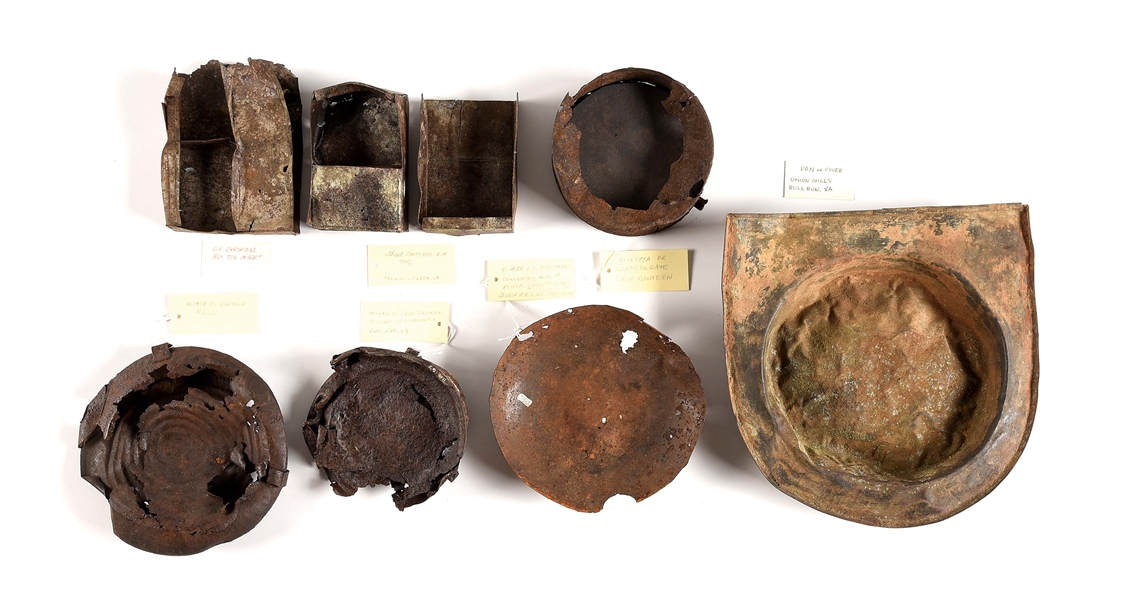 LOT OF 8: CIVIL WAR EXCAVATED CANTEENS, BOWLS, AND CARTRIDGE BOXES