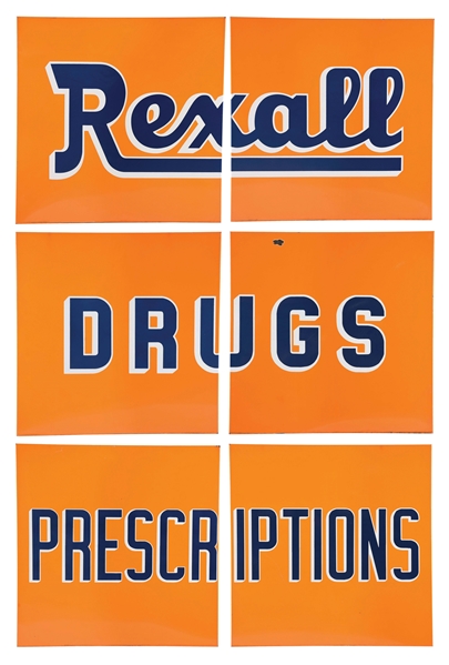 REXALL DRUGS & PRESCRIPTIONS SIX PIECE PORCELAIN STRIP SIGN. 
