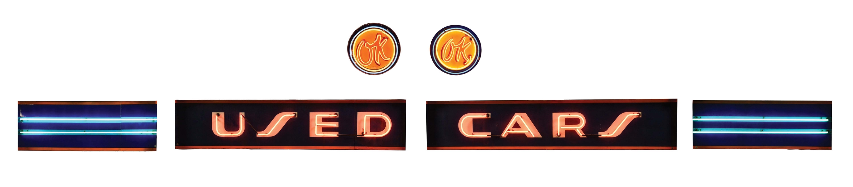 LARGE & OUTSTANDING SIX PIECE PORCELAIN OK USED CARS NEON STRIP SIGN W/ OK USED CAR NEON TOPPER SIGNS. 