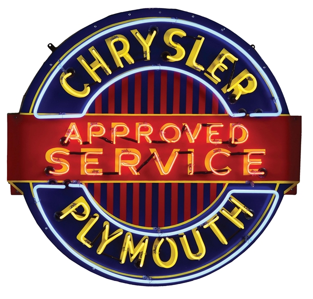 CHRYSLER PLYMOUTH APPROVED SERVICE PORCELAIN NEON SIGN ON METAL CAN. 