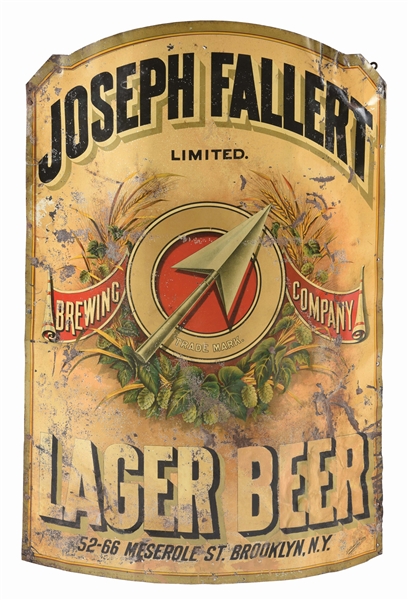 JOSEPH FALLERT BREWING COMPANY SINGLE-SIDED PAINTED TIN SIGN.