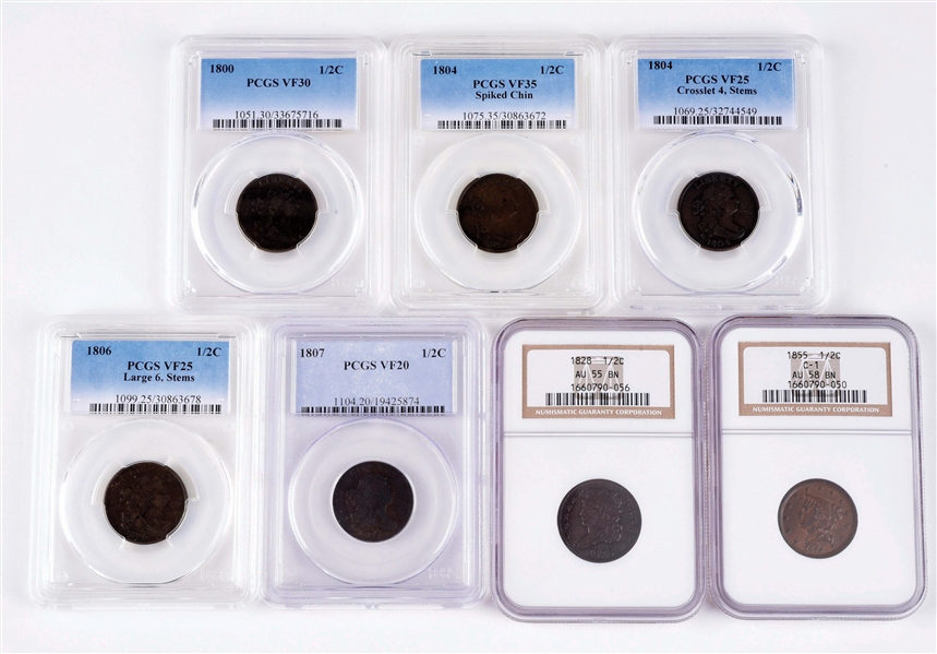 LOT OF 7: 1/2 CENTS ALL GRADED. 