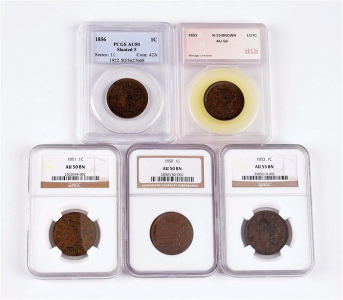 LOT OF 5: LARGE CENTS ALL GRADED. 