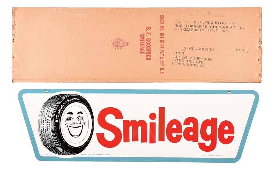 OUTSTANDING NEW OLD STOCK B.F. GOODRICH SMILEAGE TIRES TIN SIGN W/ ORIGINAL SHIPPING BOX. 