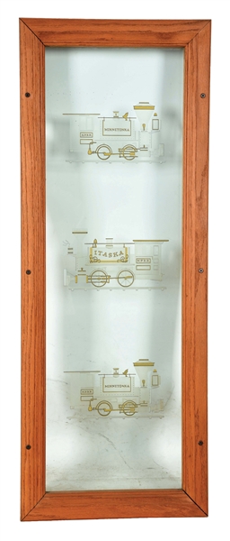 GLASS PANEL WITH NORTHERN PACIFIC LOCOMOTIVE ETCHINGS.