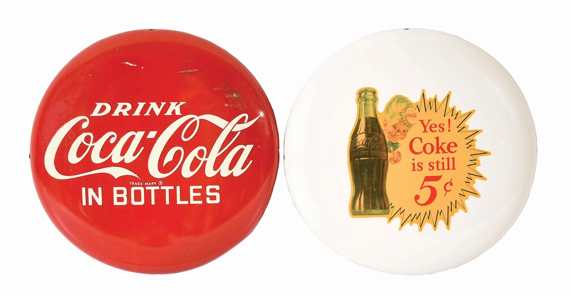 LOT OF 2: COCA-COLA BUTTON SIGNS.