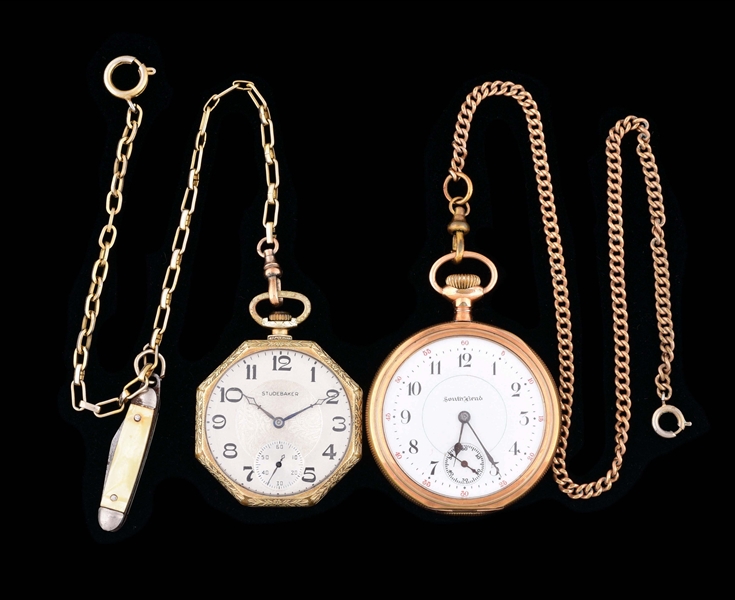 LOT OF 2: SOUTH BEND GOLD FILLED OPEN FACE POCKET WATCHES.