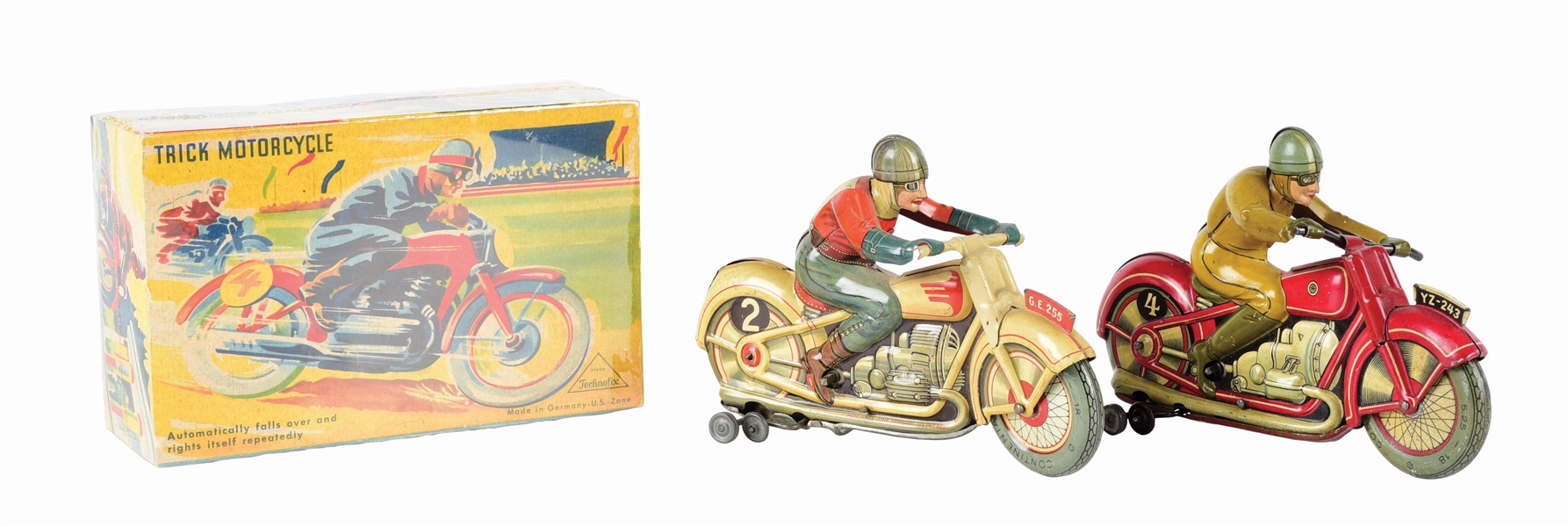 LOT OF 2: GERMAN TECHNOFIX LITHOGRAPHED WIND-UP MOTORCYCLE TOYS.