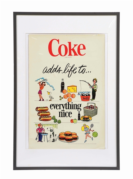 "COKE ADDS LIFE TO..." FRAMED CARDBOARD ADVERTISING.
