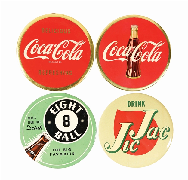 LOT OF 4: TIN OVER CARDBOARD SODA POP SIGNS.