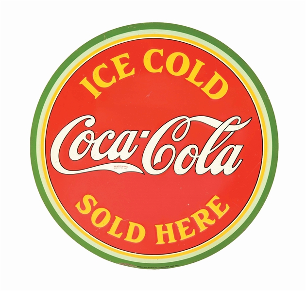 "ICE COLD SOLD HERE" EMBOSSED PAINTED TIN COCA-COLA SIGN.