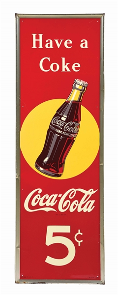 EXTREMELY HARD TO FIND COCA-COLA 5¢ VERTICAL SELF FRAMED TIN SIGN.