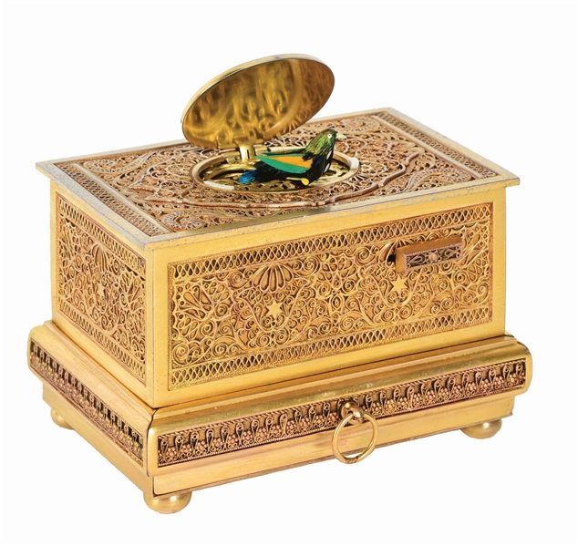 BEAUTIFUL GERMAN WIND-UP BIRD BOX WITH DRAWER AND KEY.