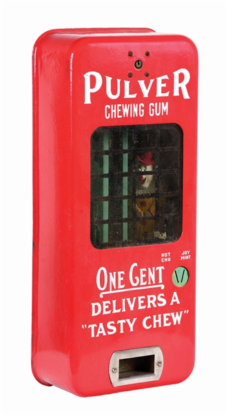 1¢ PULVER RED PORCELAIN GUM VENDING MACHINE.