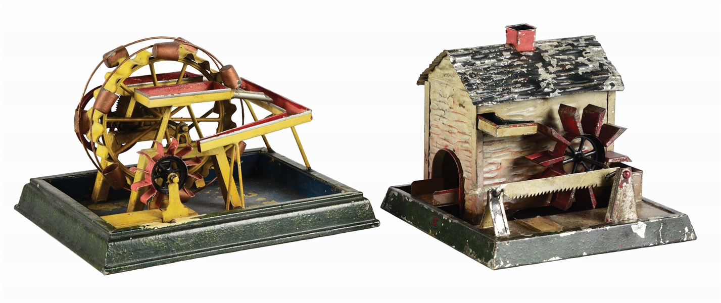 LOT OF 2: EARLY GERMAN HAND PAINTED STEAM ACCESSORY WATER WHEEL TOYS.