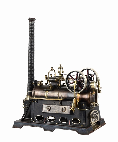 EARLY GERMAN DOLL & CO. OVERTYPE STEAM ENGINE WITH CAST IRON FIREBOX.