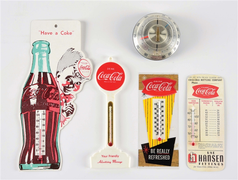 LOT OF 5: COCA COLA THERMOMETERS.