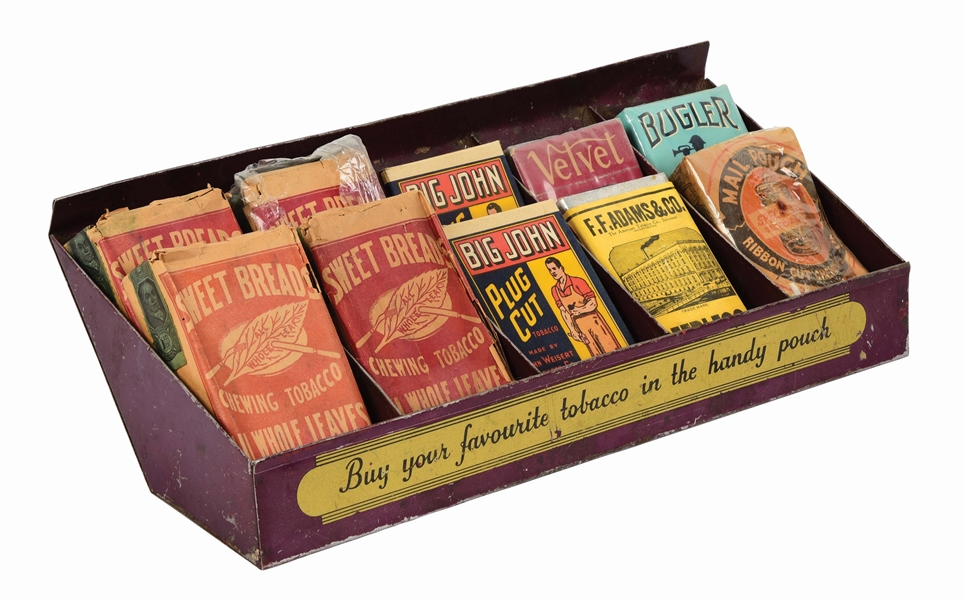 LOT OF 10: UNUSED TOBACCO PACKS IN A TIN DISPLAY.
