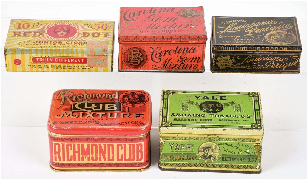 LOT OF 5: SMALL SIZE TOBACCO AND JUNIOR CIGAR TINS. 