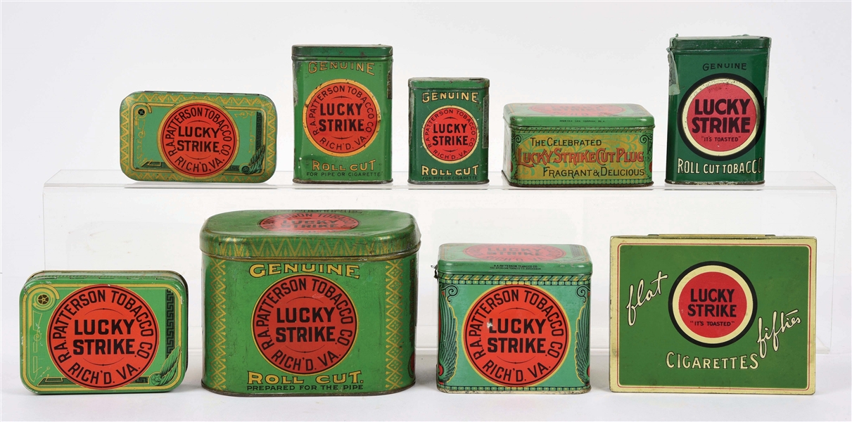 LOT OF 9: FANTASTIC ASSORTMENT OF LUCKY STRIKE TOBACCO AND CIGARETTE TINS.
