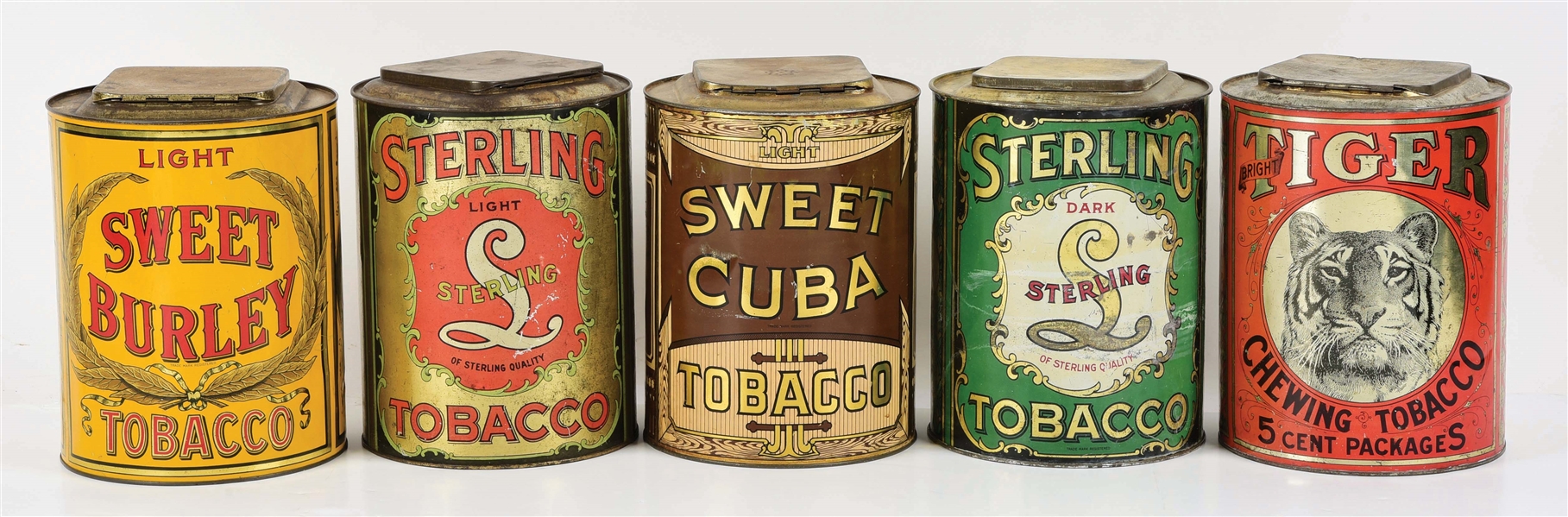 LOT OF 5: LARGE FORMAT TOBACCO TINS. 