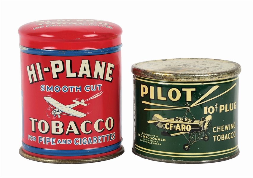LOT OF 2: AIRPLANE-RELATED TOBACCO TINS. 