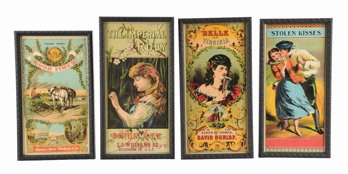 LOT OF 4: FRAMED TOBACCO ADVERTISEMENTS.
