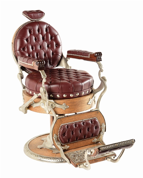 RED LEATHER AND OAK KOKEN BARBER CHAIR.
