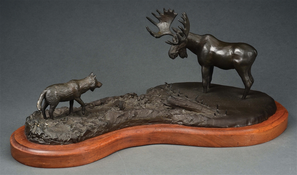 BOB WOLF "MOOSE AND WOLF" BRONZE STATUE.