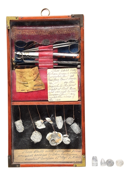 WORLD CLASS ID’D CIVIL WAR POCKET SURGICAL KIT WITH DEFORMED BULLETS USED BY JOHN SULLIVAN, ASSISTANT SURGEON 13TH N.H.V.