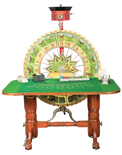 HC EVANS SARATOGA BIG WHEEL WITH TABLE, CHIPS, AND ACCESSORIES.
