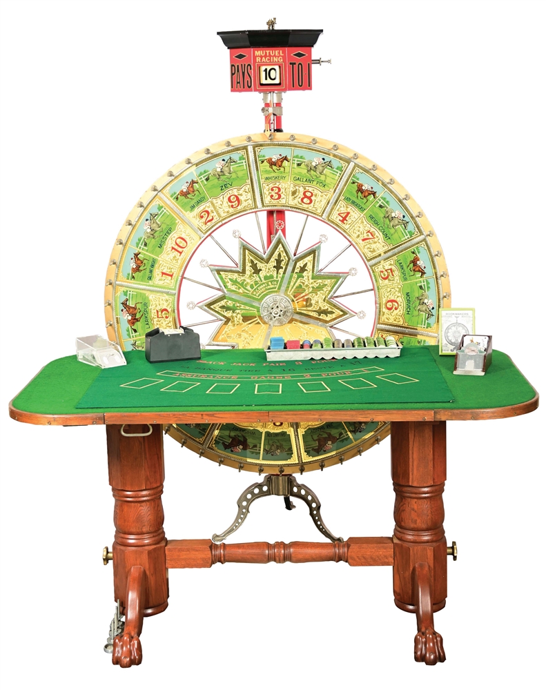 HC EVANS SARATOGA BIG WHEEL WITH TABLE, CHIPS, AND ACCESSORIES.
