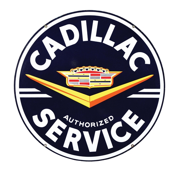 OUTSTANDING & RARE CADILLAC AUTHORIZED SERVICE PORCELAIN SIGN W/ CREST & DEEP V GRAPHIC. 