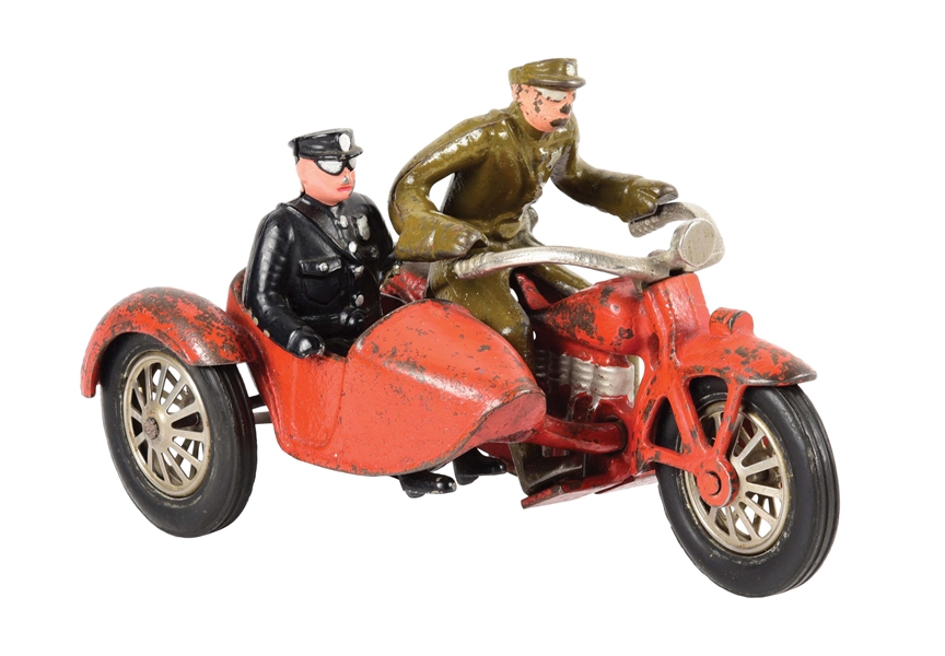 CAST IRON VINDEX PDQ MOTORCYCLE WITH SIDECAR TOY.