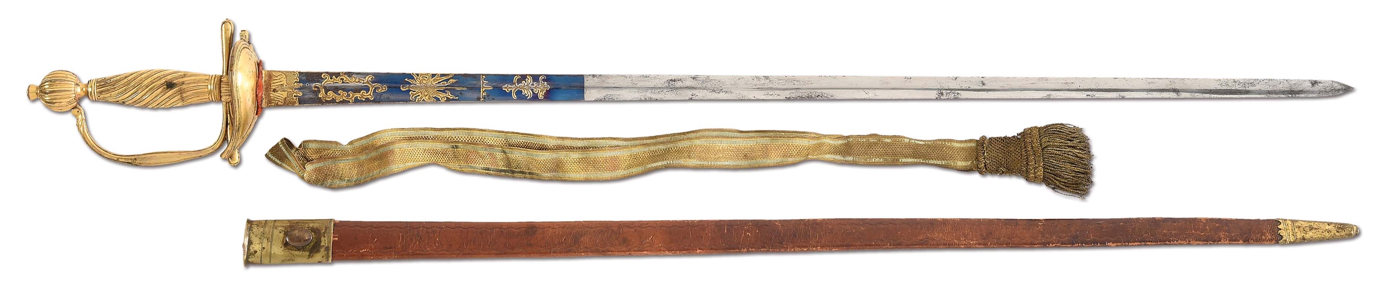 REVOLUTIONARY WAR ERA GILT OFFICERS SMALL SWORD WITH SCABBARD AND KNOT.