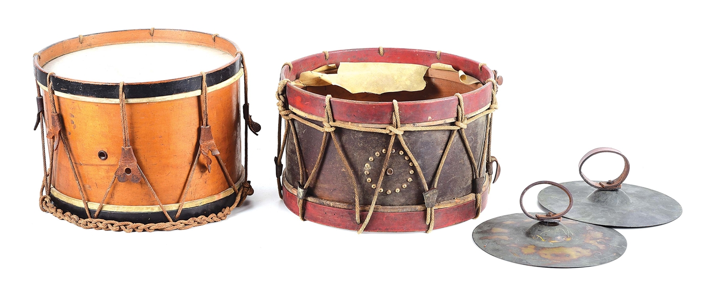 LOT OF 3: INDIAN WAR DRUMS AND PAIR OF CYMBALS.