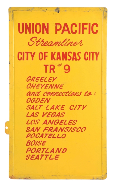UNION PACIFIC RAILROAD STREAMLINER HAND PAINTED TRAIN CONNECTION SIGN. 