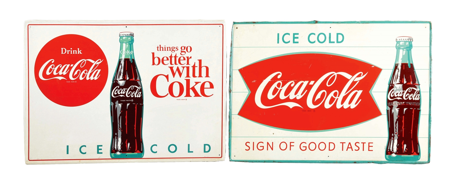 LOT OF 2: PAINTED TIN COCA-COLA SIGNS.