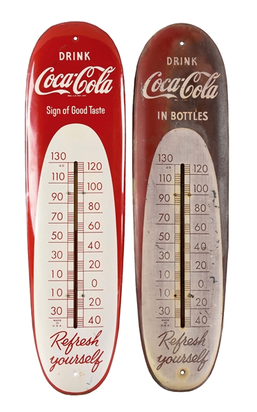 LOT OF 2: COCA-COLA CIGAR-SHAPED THERMOMETERS.