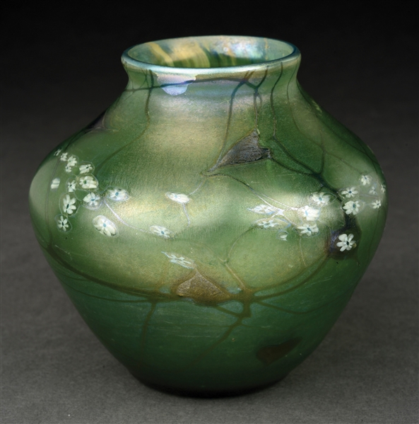 TIFFANY STUDIOS SMALL FAVRILE GLASS VASE WITH FLOWERS.